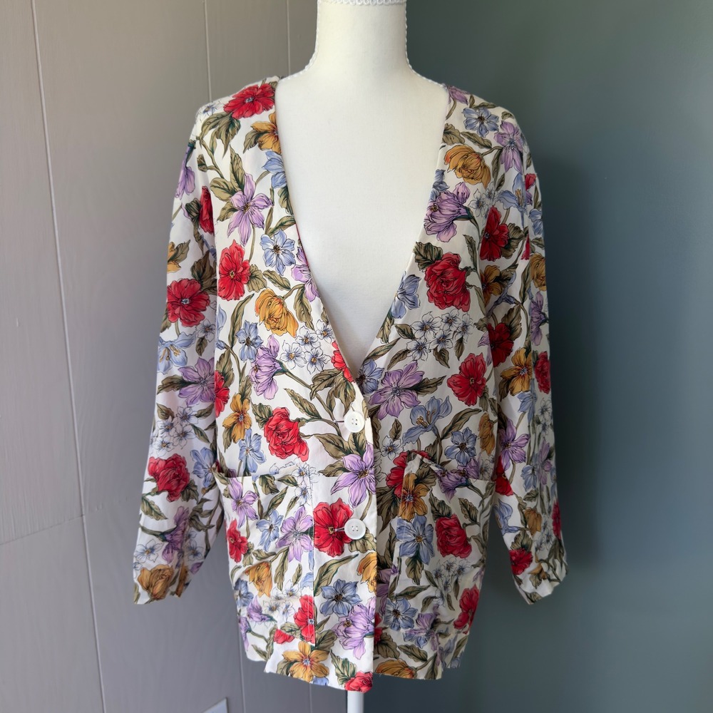 Intuition Vintage 100% Silk Floral Cardigan Blazer White Red Purple Small